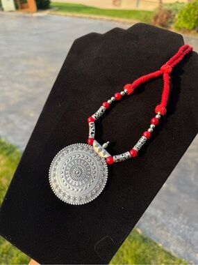 Red Bead Silver-Tone Mandala Pendant Necklace - Women Jewelry